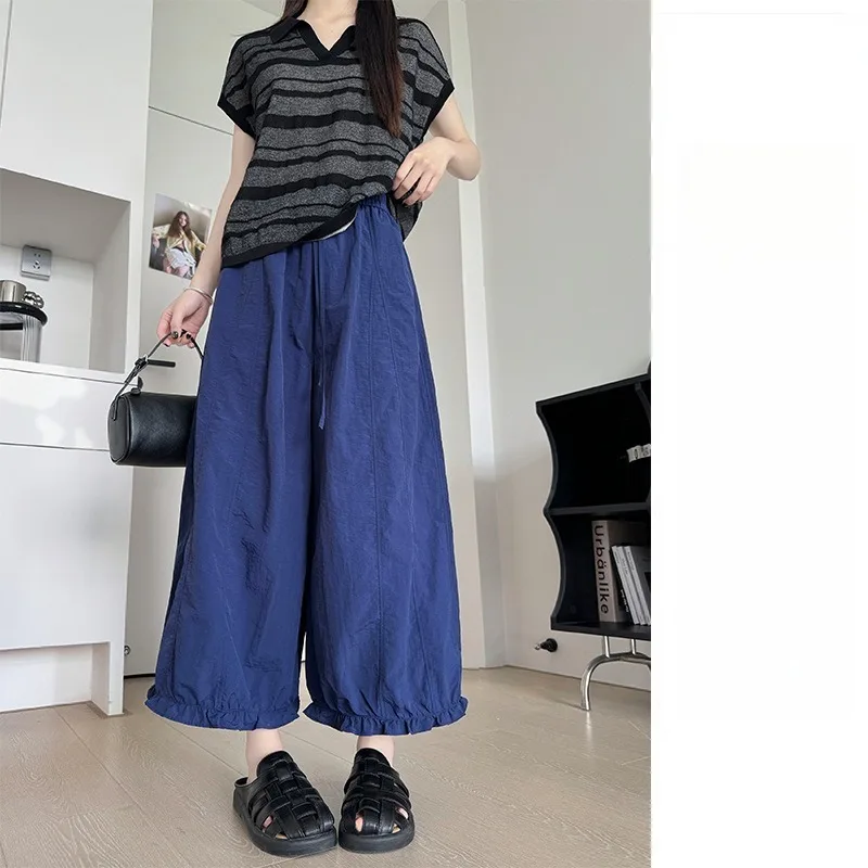 

2026 Bloomers Women's Summer High-waisted Drape Pocket Casual Pants Female Elastic Nine-point Straight Wide-leg Solid Trousers