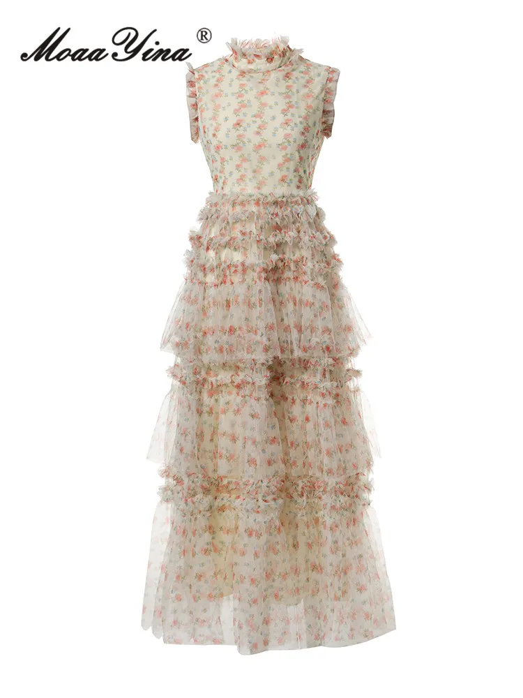 

ILYBOOJUN Summer High Quality New Arrivals Women Dress Bohemian Floral Print Net Yarn Sleeveless Cascading Ruffle Princess Dress