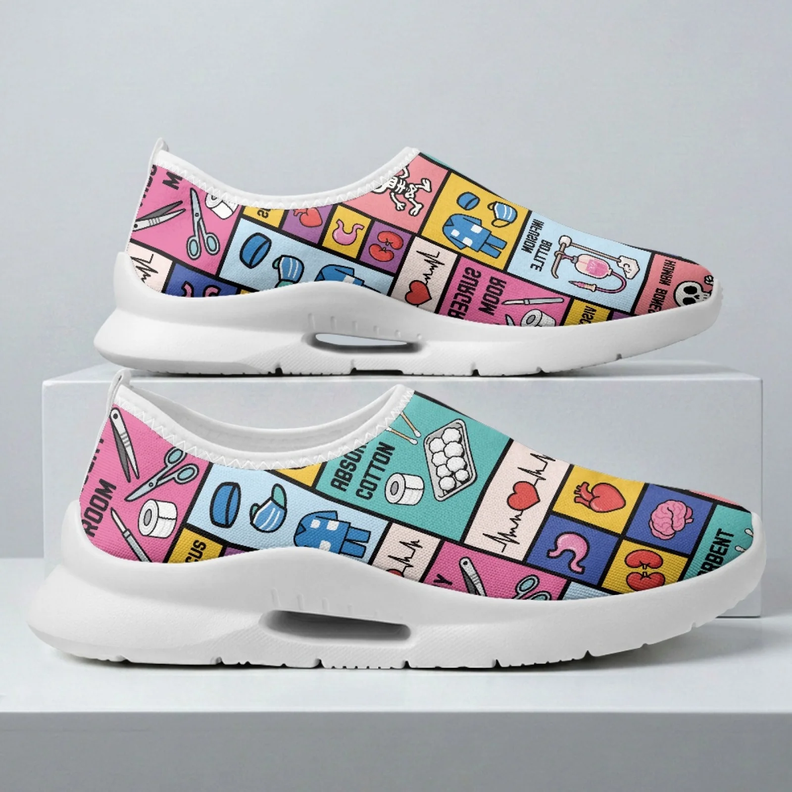PENSTROLL Lightweight Nurse Shoes Casual Breathable Slip On Shoes for Tennis Women Medical Comic Grid