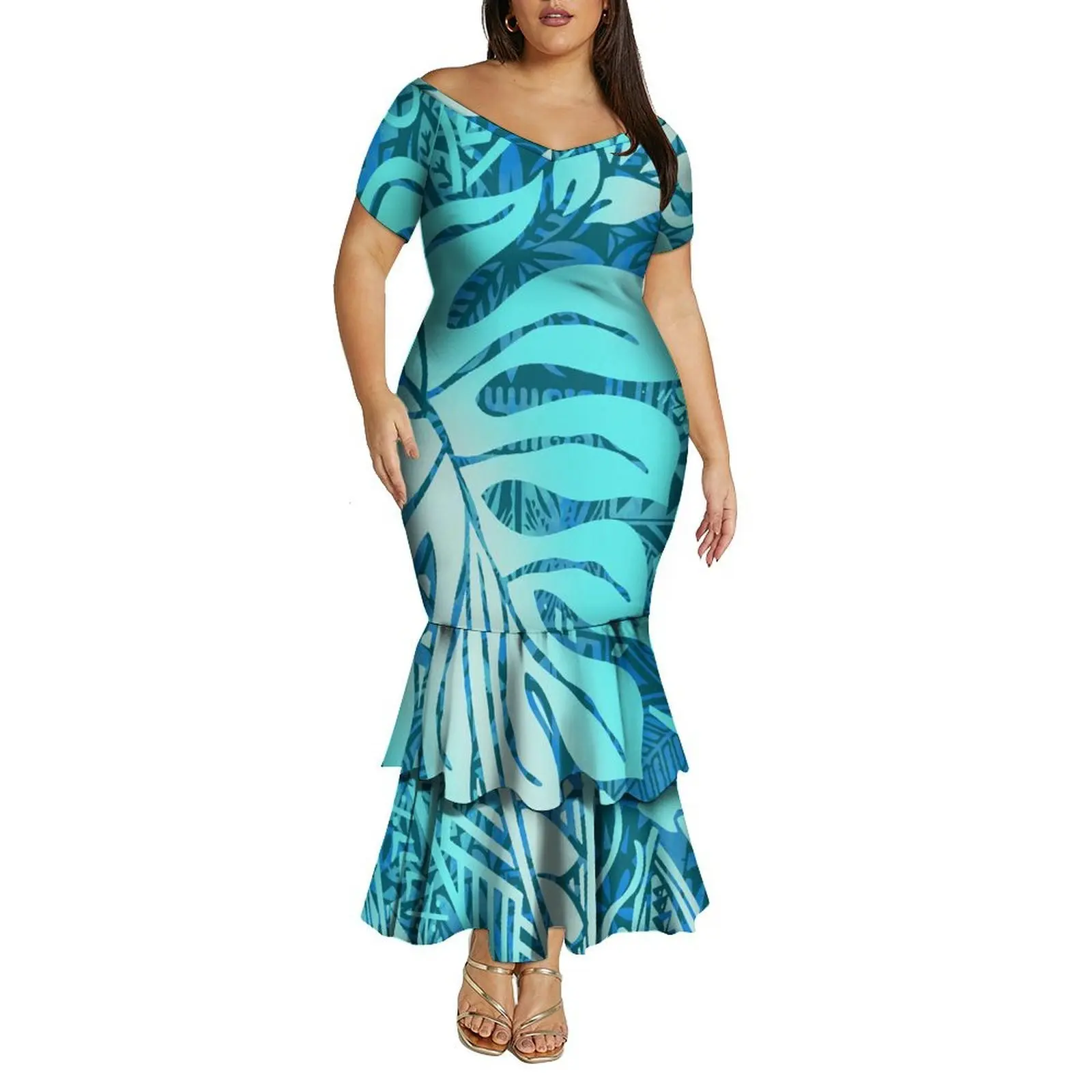 Vestido rabo de peixe de dupla camada com decote em V fora do ombro para mulheres polinesias vestido de emagrecimento de verão com padrão personalizado