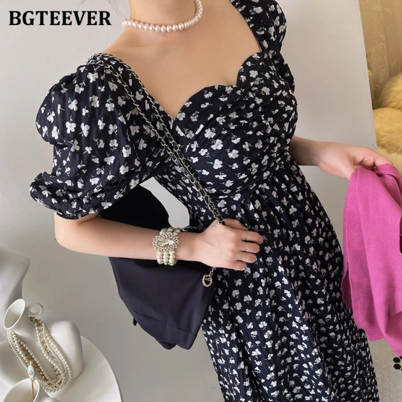 BGTEEVER Sommer Schlanke Taille Frauen Blumen Kleid Elegante Puff Sleeve Weibliche A-line Midi Kleid Damen Vestidos