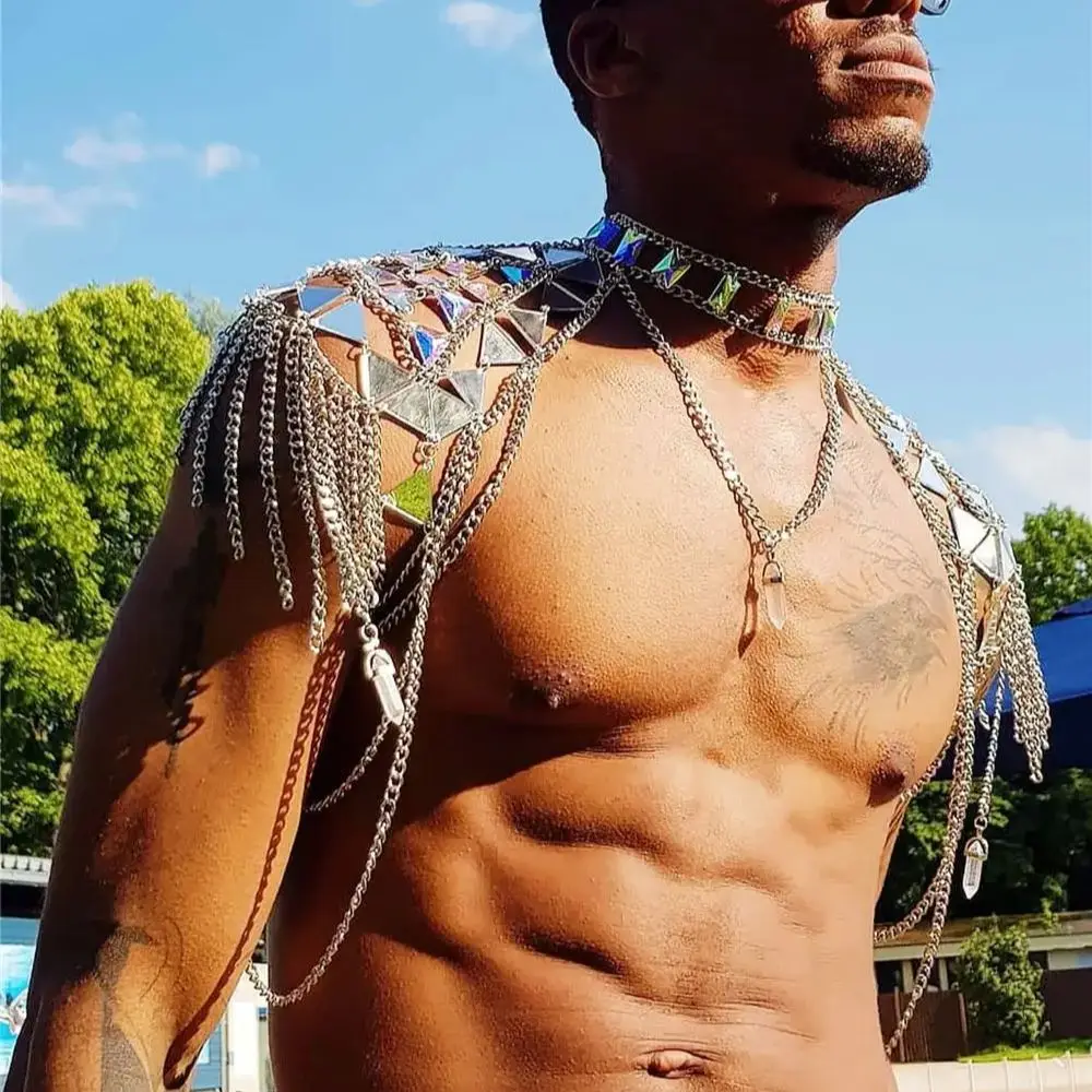 

New Solid-Color Handcrafted Heavy-Duty Patchwork Shoulder Chain Acrylic Mirror-Finish Fringe Statement Men's Top
