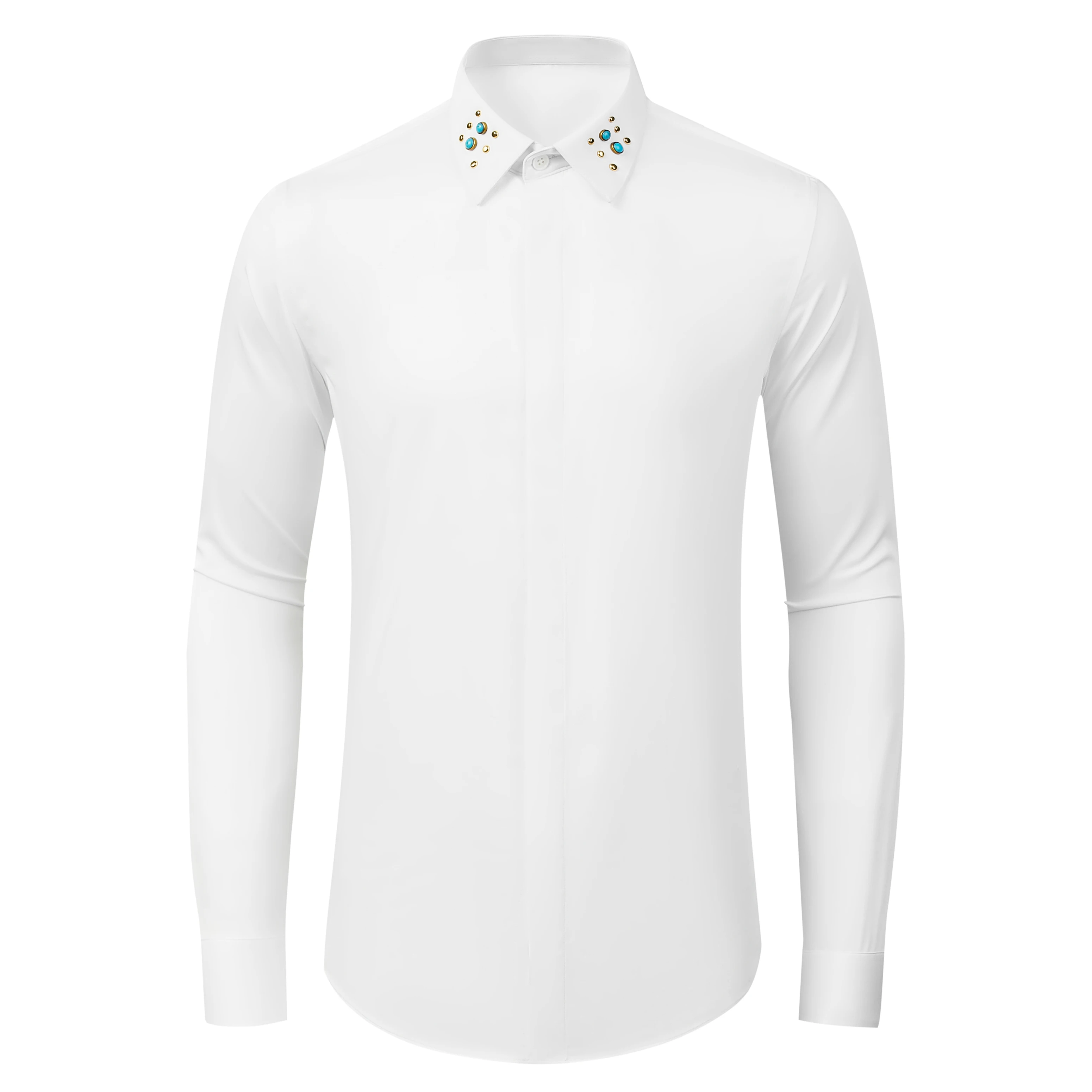 Brand Luxury Rivet Decoration Men's Shirt Long Sleeve Slim Fit Casual Business Dress Shirt Stage Performance Banquet Costumes