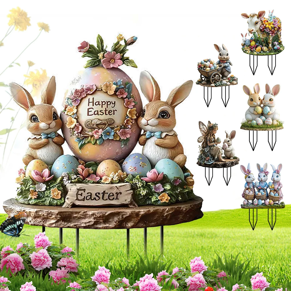 Easter Bunny Garden Stake 2D Flat Easter Yard Sign Easter Rabbit Garden Signs Outdoor Rabbit Sign Easter Decoration for Outdoors