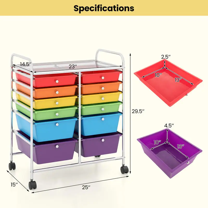 12 Drawers Rolling Cart Storage Scrapbook Paper Organizer Bins-Multicolor