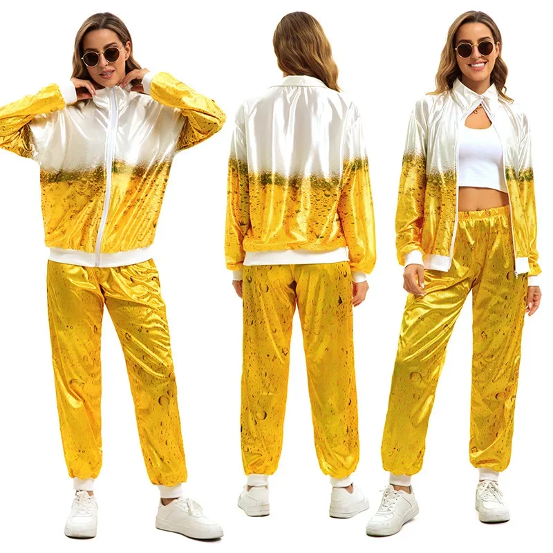 

Adult Oktoberfest Costume Gold Fashion Beer Print Sportswear Bavarian Tops and Pants Disco Bar Party Two Piece Women Men S-XXL