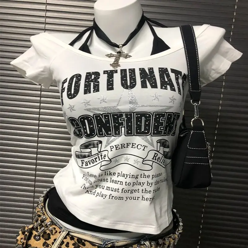 American Vintage Short-sleeved T-shirt Summer New Spicy Girl Niche False Two-piece Hater Crop Top Grunge Y2k Aesthetic Tshirt