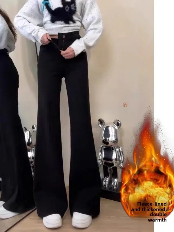 

Bla Flared Jeans Women's Thiened Fce High Waist Autumn Winter Wide Leg Jeans Casual Sle Slimming Effect Loose Fit