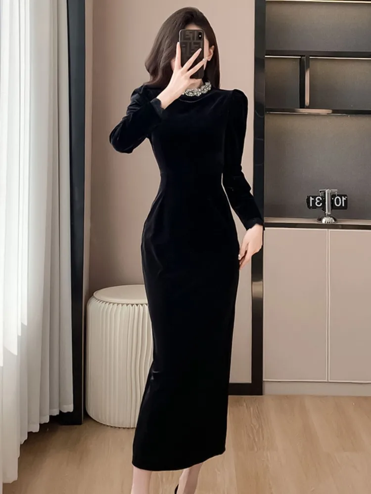 Women Hepburn Luxury Design Slim Bodycon Midi Long Party Night Dresses Vintage Elegant Sheath Black Velvet Prom Robe Autumn