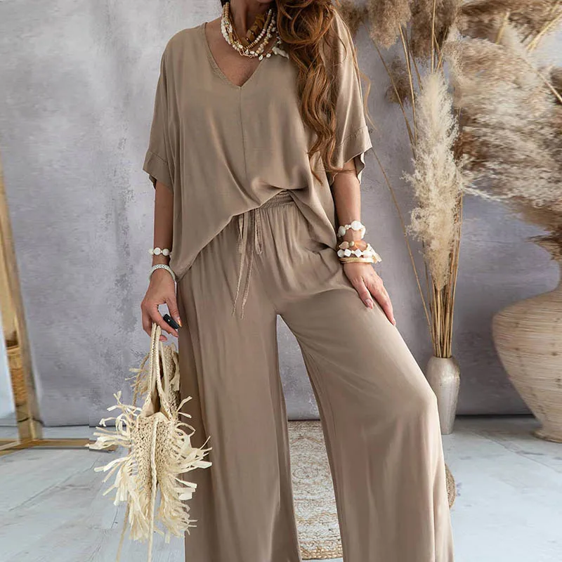 Loose Women Shirt Pants Two Piece Set Elegant Deep V neck pulloverTop And Elastic High Waist Trousers Suit Autumn Trouser Suits