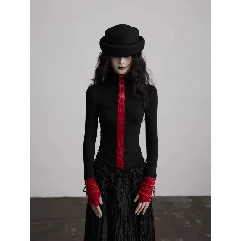 Harajuku Contrast Color Patchwork Tshirts Grunge Knitted Women Bodycon Tops Y2k Aesthetic Half High Collar Vintage Tees