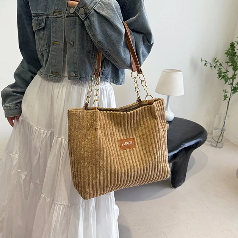 Fashion Corduroy Tote Bag Solid Color Shoulder Bag Women's Casual Handbag For Commute Work Shopper Totes image 3