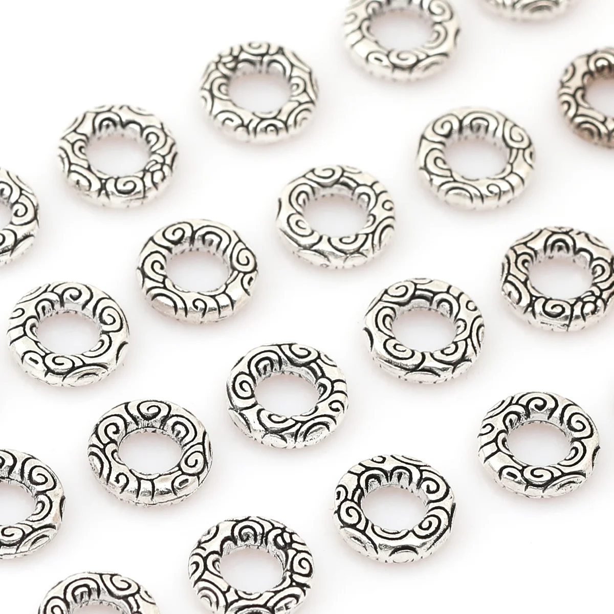 30/60pcs Vintage Patterned Ring Zinc Alloy Spacer Beads 8mm For Bracelet Jewelry DIY Craft Making