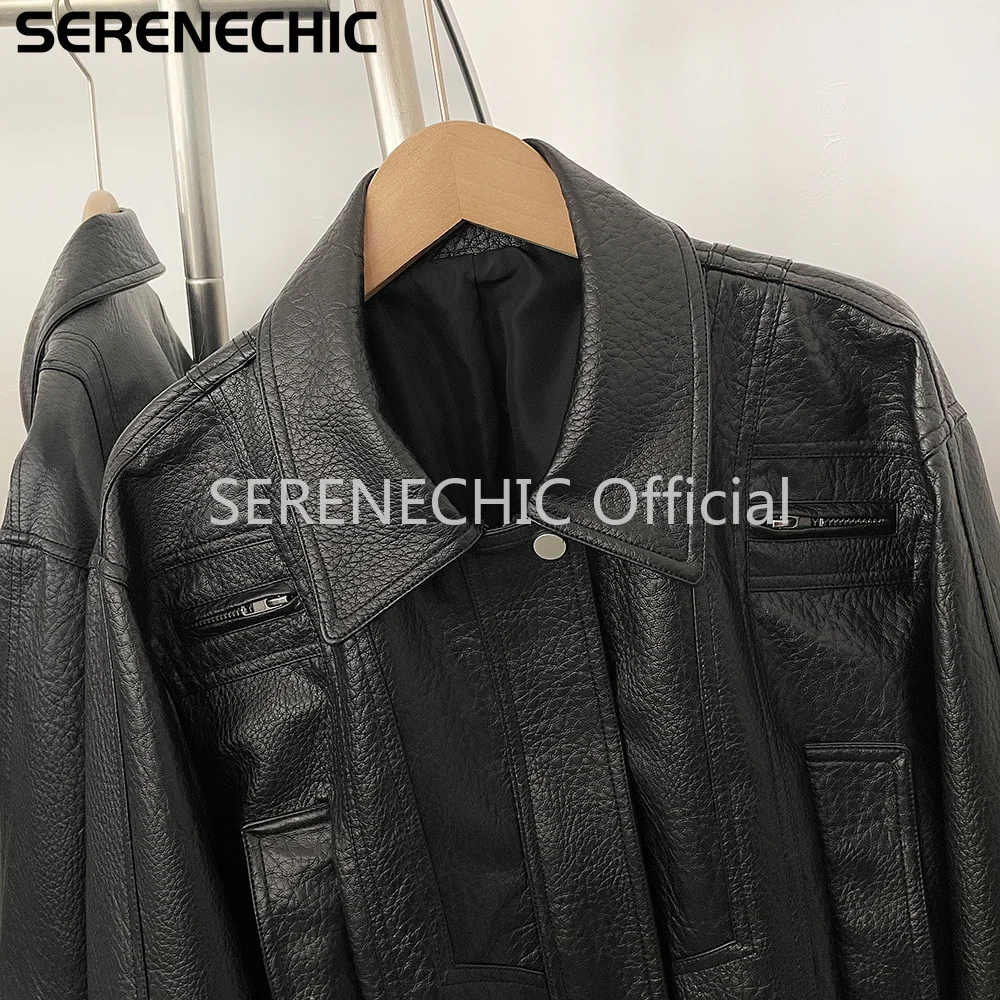 SERENECHIC Textured PU Aviator Coat with Elastic Hem Women's Black Cropped Faux Leather Jacket New Vintage Outerwear Female