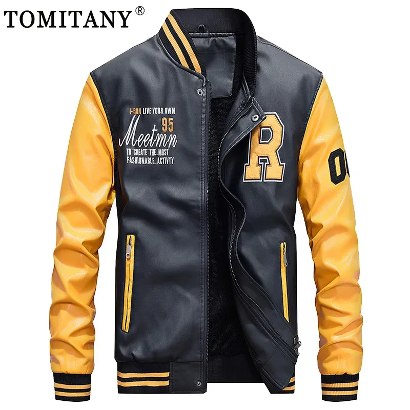 Men Leather Jackets Motorcycle Jacket 2024 Men Winter Fashion Embroidery PU Bomber Leather Jackets Male Warm Plush Baseball Coat