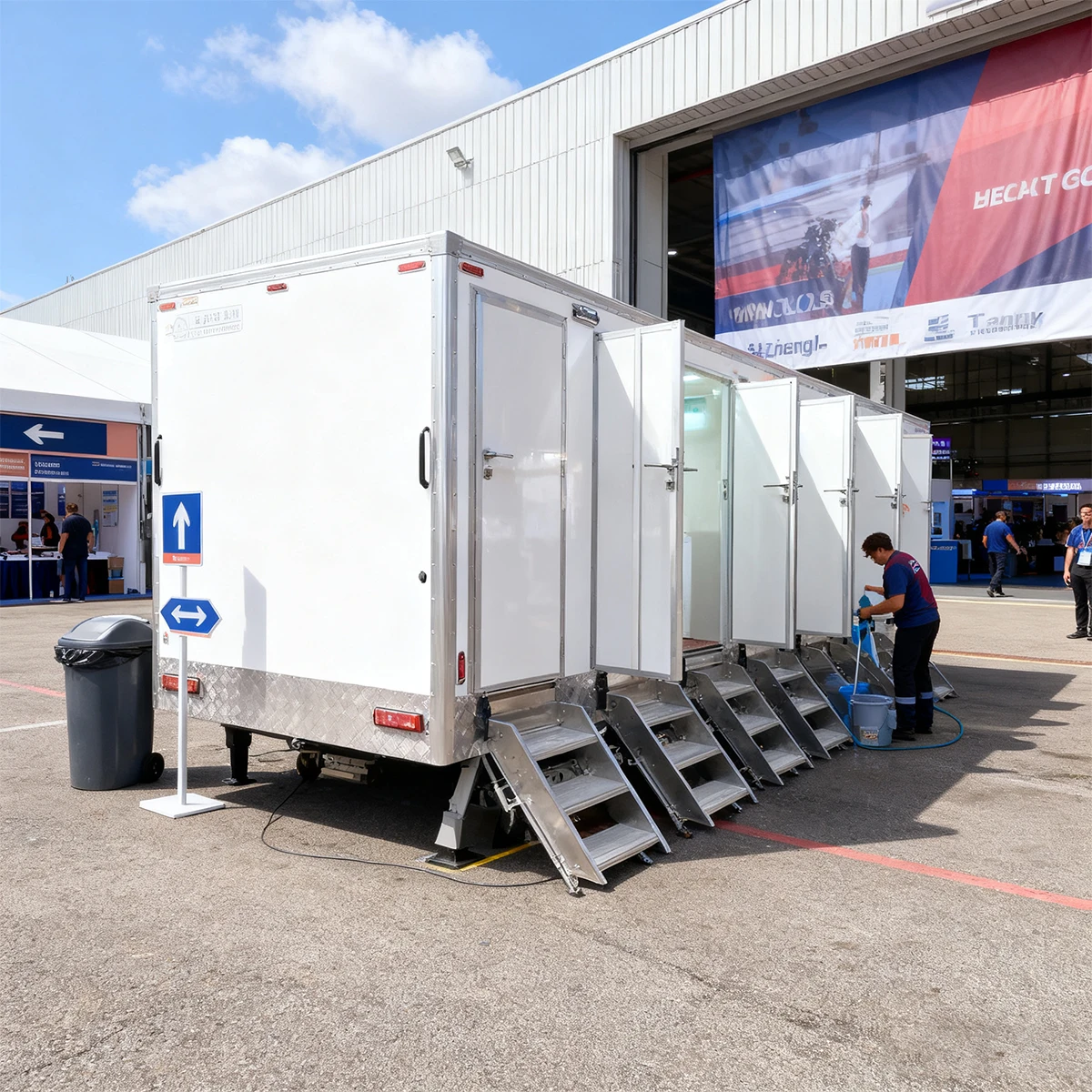 

Премиум-класс: Мобильный переносной туалет-прицеп для строительных площадок и фестивалей, с индивидуальной комплектацией, для душа и умывальника, для использования на улице