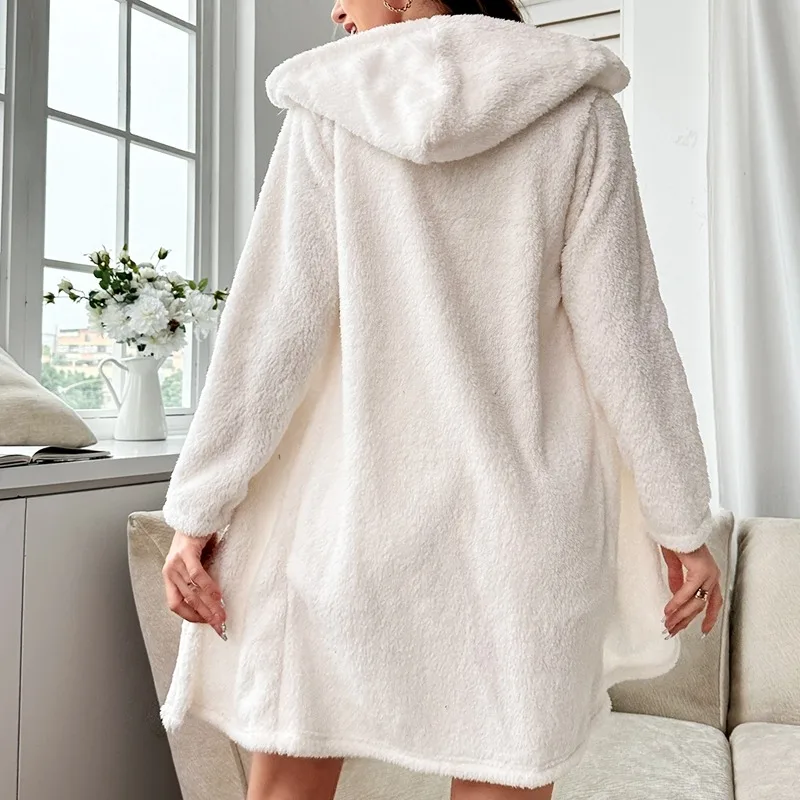 White Three Piece Set Flannel Women Pajamas Long Sleeves Robe Vest Shorts Autumn Winter Casual Sleepwear Soft Pyjamas Cozy Comfy