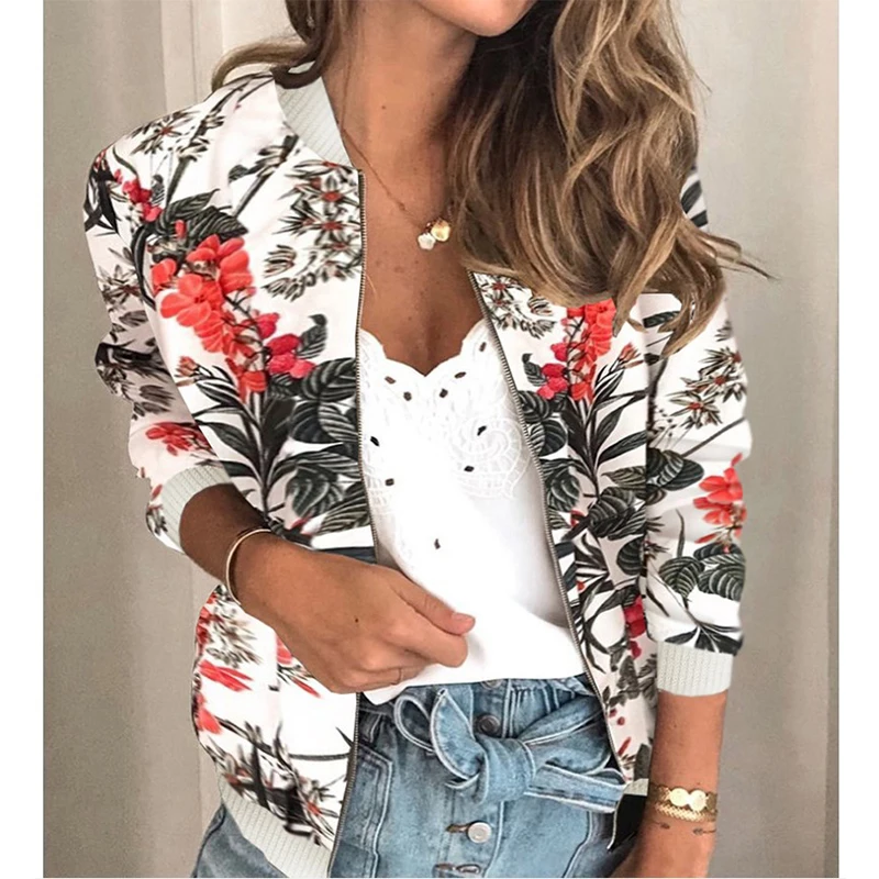 Floral Printed Women Jacket Autumn Winter Fashion O Neck Long Sleeve Zipper Pocket Casual Coats Bomber Outwear Streetwear