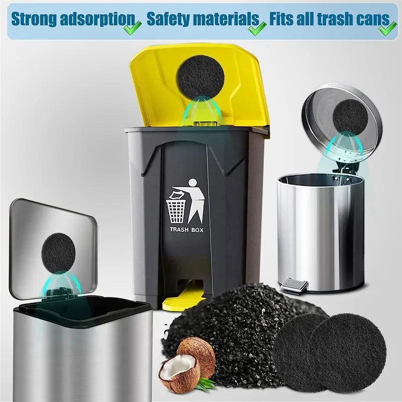 AT16 12Pack Trash Can Absorbing Filters, Activated Charcoal Purifying Deodorizer for Trash Cans, Compost Buckets-Round