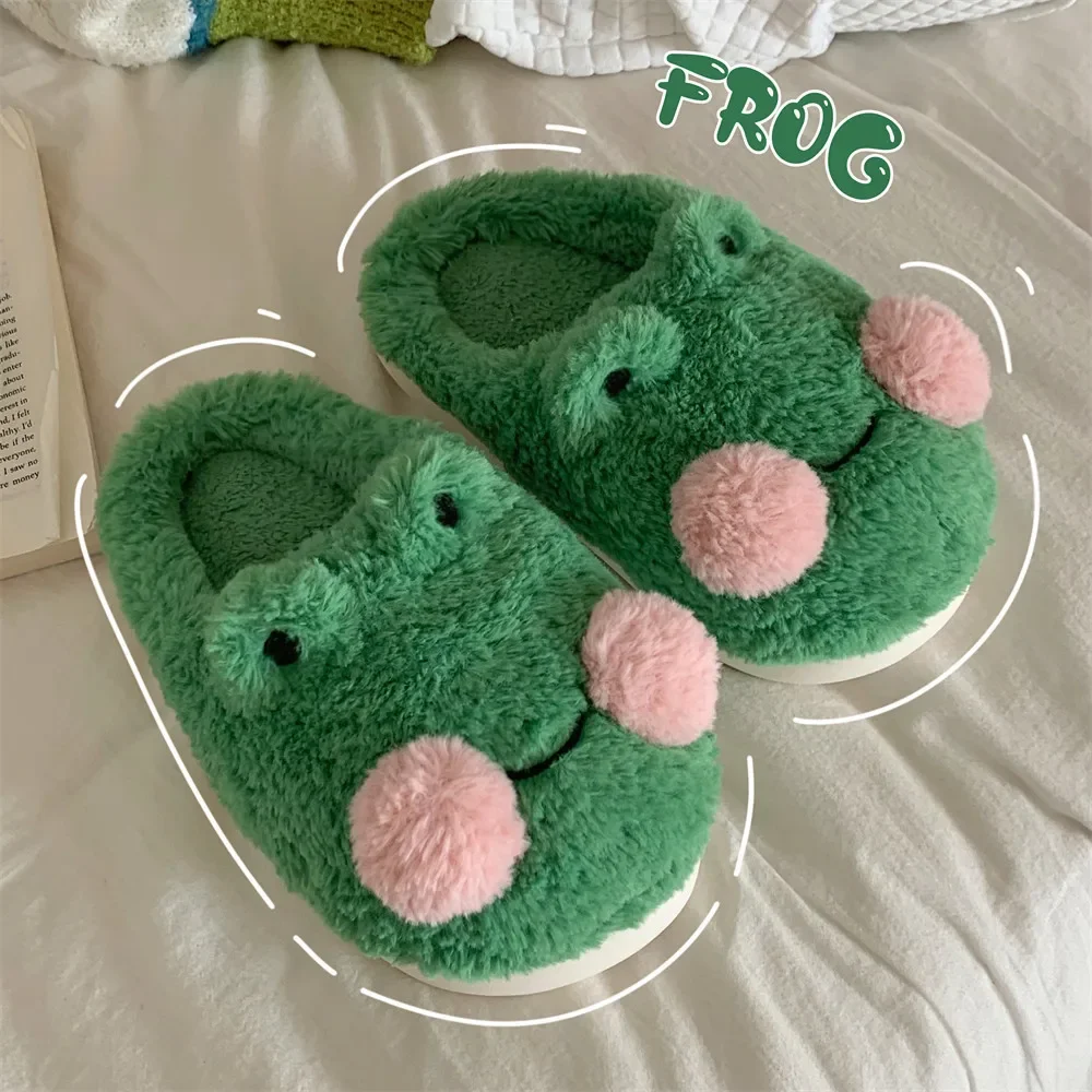 2024 New cartoons frogs Warm Slippers Fuzzy Plush Flat Slides Memory Foam Furry Indoor Cotton Shoes Fashion Cute Indoor Slipper