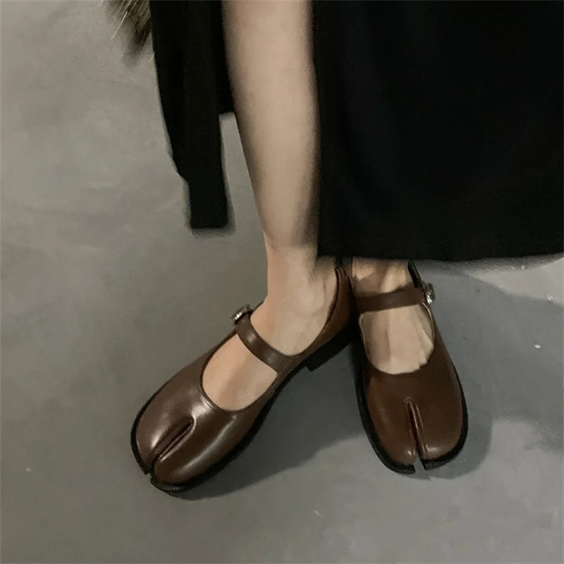 Genuine Leather Square Toe Tabi Ballet Style Chunky Heels Buckle Straps Solid Shoes Elegant Zapatos Mujer Versatile Luxury New