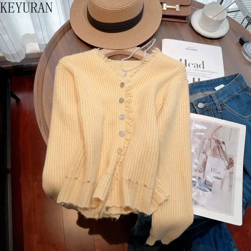 Golden Button Tassel Sweater Jacket Women\'s 2024 Autumn Winter New Solid Color V-neck Long Sleeve Knitted Cardigan Tops Jumper