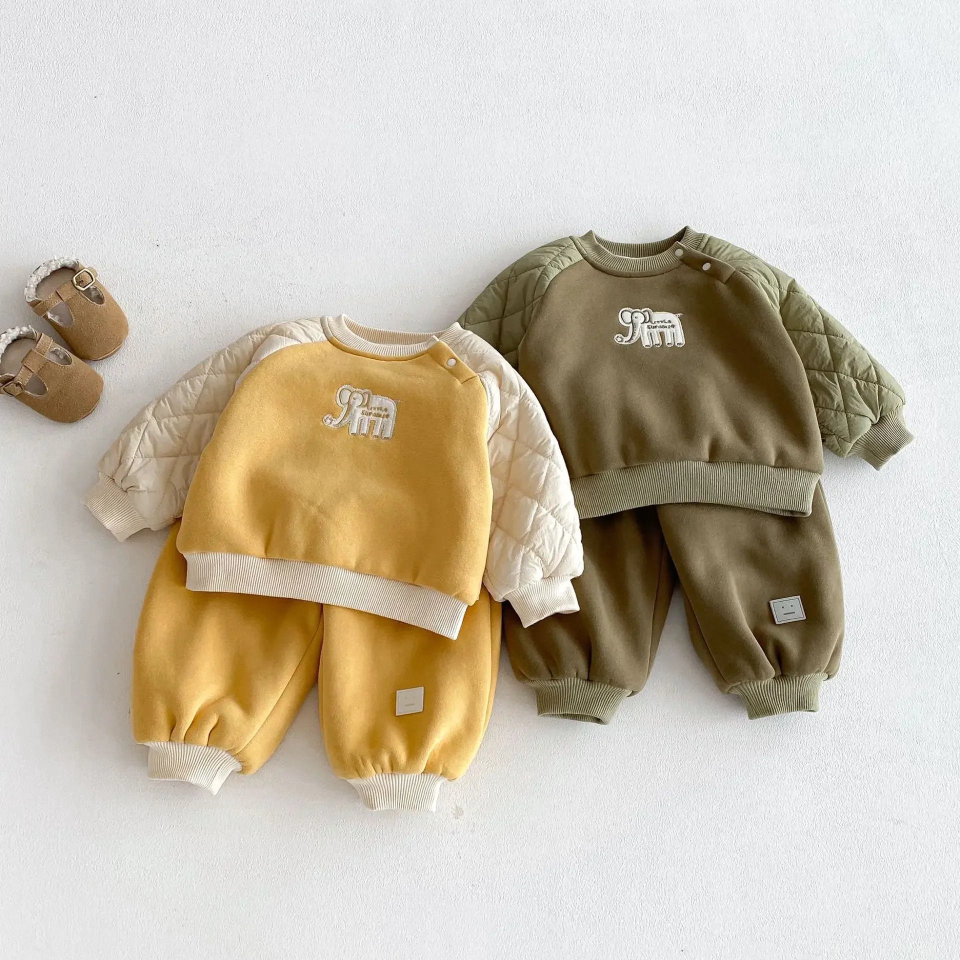 

От 0 до 5 лет хлопковый теплый свитшот на флисовой подкладке, комплекты брюк, лоскутная детская зимняя термоодежда с рисунком слона для мальчиков