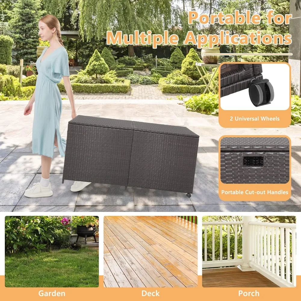 175 Gallon Outdoor Rattan Deck Box, Wicker Storage Bin with Zippered Liner & 2 Universal Wheels, Safe Pneumatic Rod