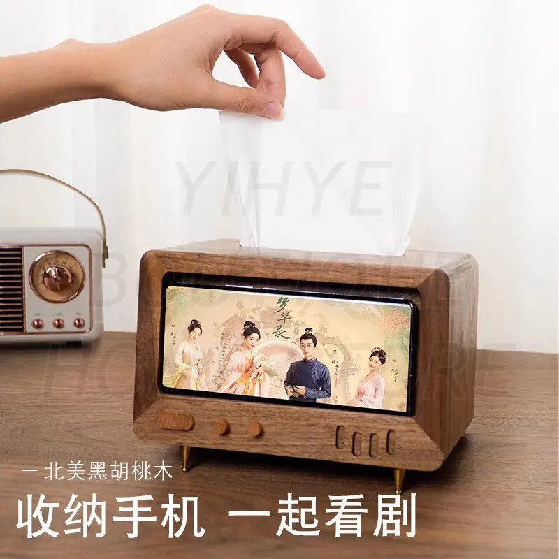 

Vintage TV Walnut Wood Tissue Box - Multi-Functional Desktop Storage for Coffee Table & Living Room (Classic Home Organizer)