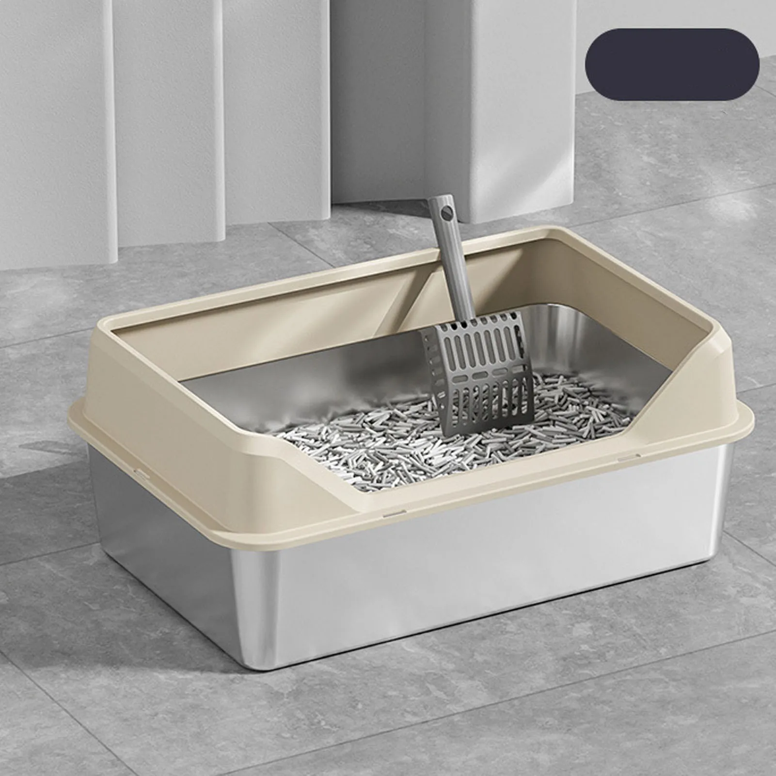 

Stainless Steel Cat Litter Box Anti Splashing Top Entry Large High Sided Kitty Litter Pan With Scoop For Big Cat Light Gray