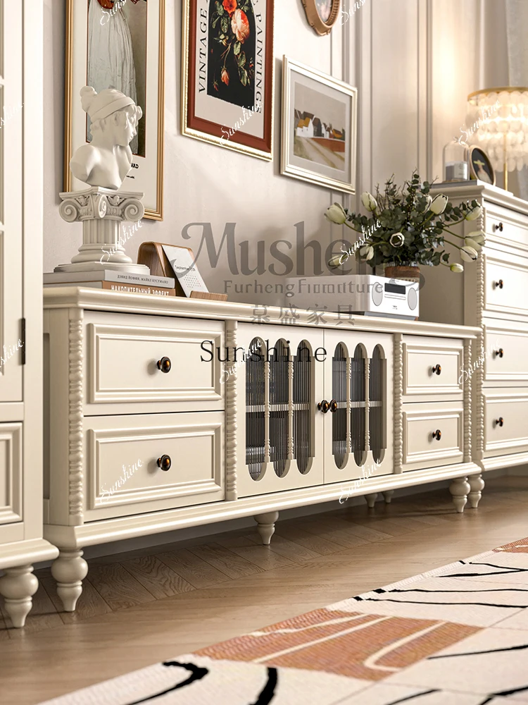 French cream white solid wood TV cabinet floor-to-ceiling living room small apartment light luxury high-end storage  FT