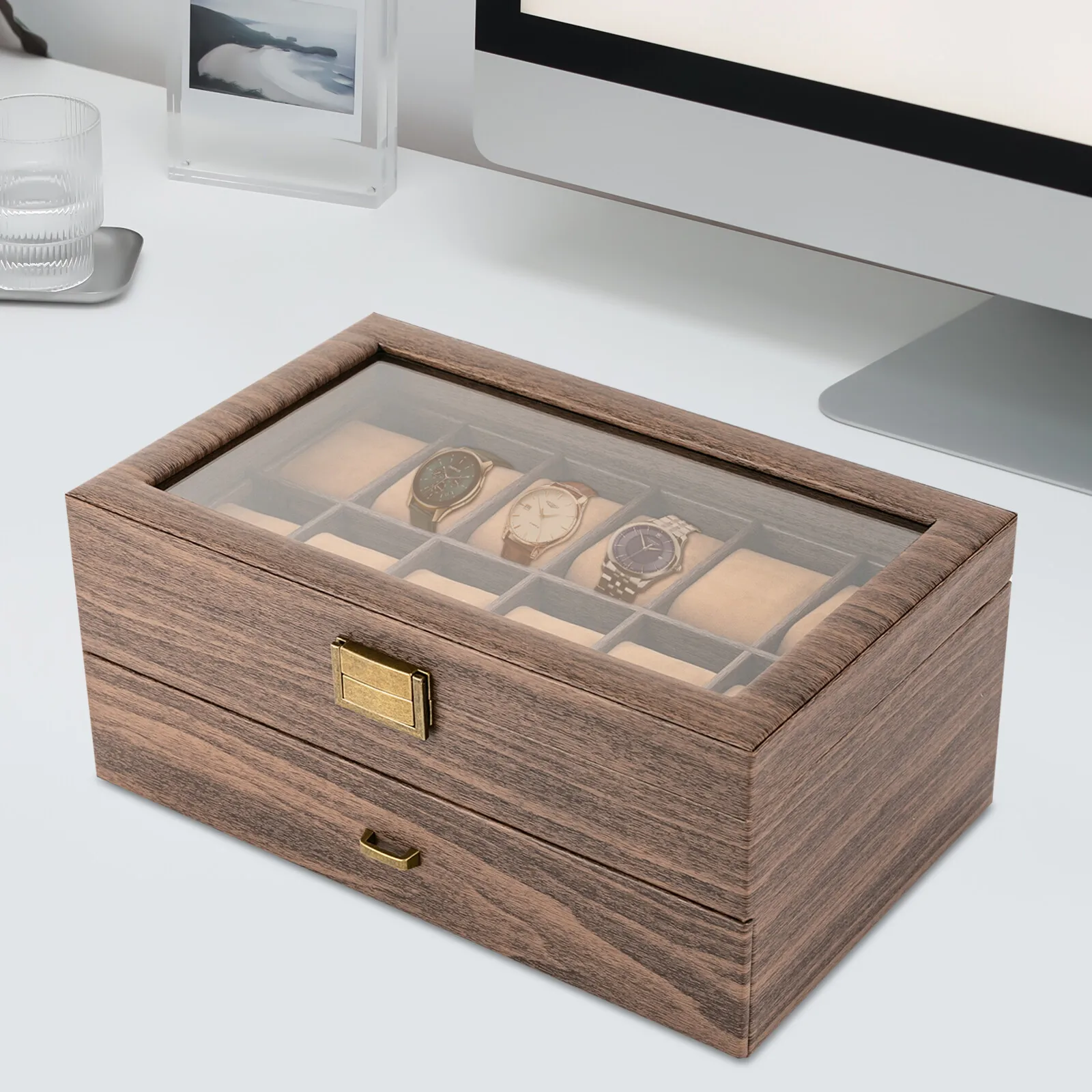 24-Slots Watch Box Watch Case 13.4*8.3*6in Jewelry Holder Watch Display Case With Drawer