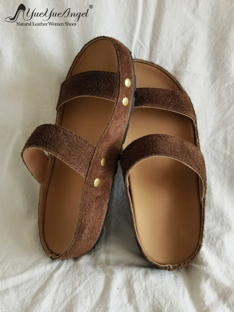 New Fashion Women Summer Beach Leisure Suede Genuine Leather Platform Comfortable Versatile Slip On Ladies Rivets Flat Slippers