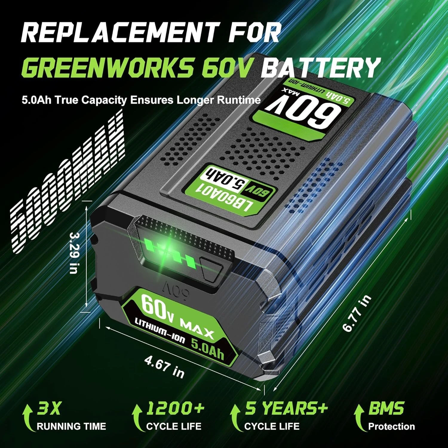 

8.0Ah High Capacity Battery for Greenworks 60V Lawn Mower Backpack Blower Long Runtime Lithium-ion Battery