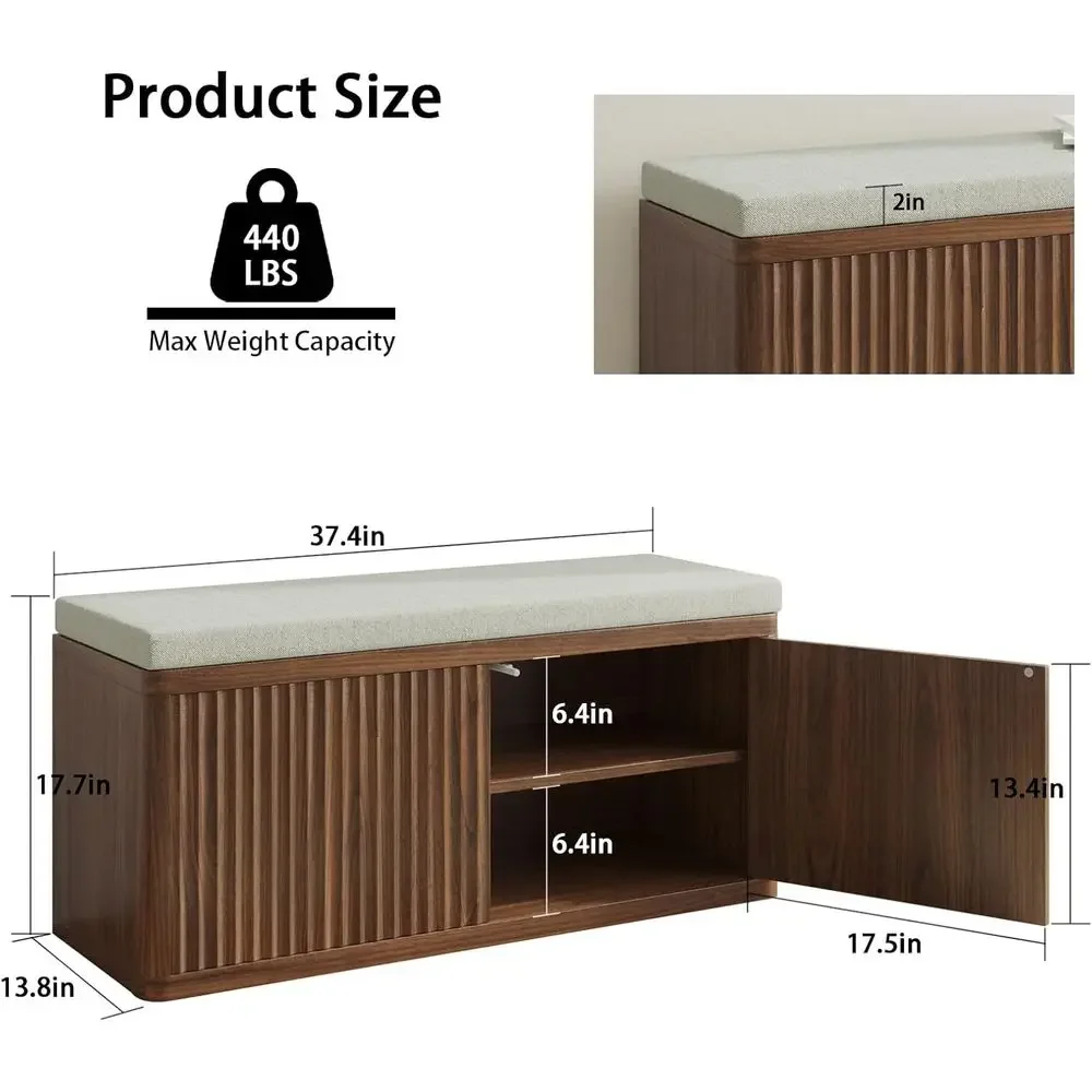 Walnut Wood Double-Layer Shoe Cabinet with Cushioned Bench and Spring-Loaded Doors for Entranceways