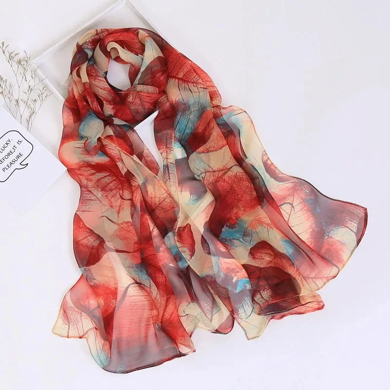 2024 Fashion Luxury Women Foulard Chiffon Georgette Bandana Silk Scarf Tree Leaf Thin Shawl Female Summer Wrap Hijab Neckerchief