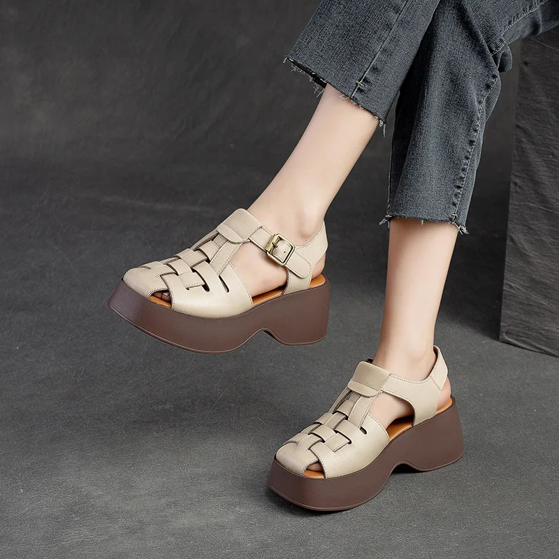 GKTINOO 2024 New Hollow Genuine Leather Sandals Women Shoes Sandals Platform Wedges Summer Shoes Woman Fashion Casual Sandals