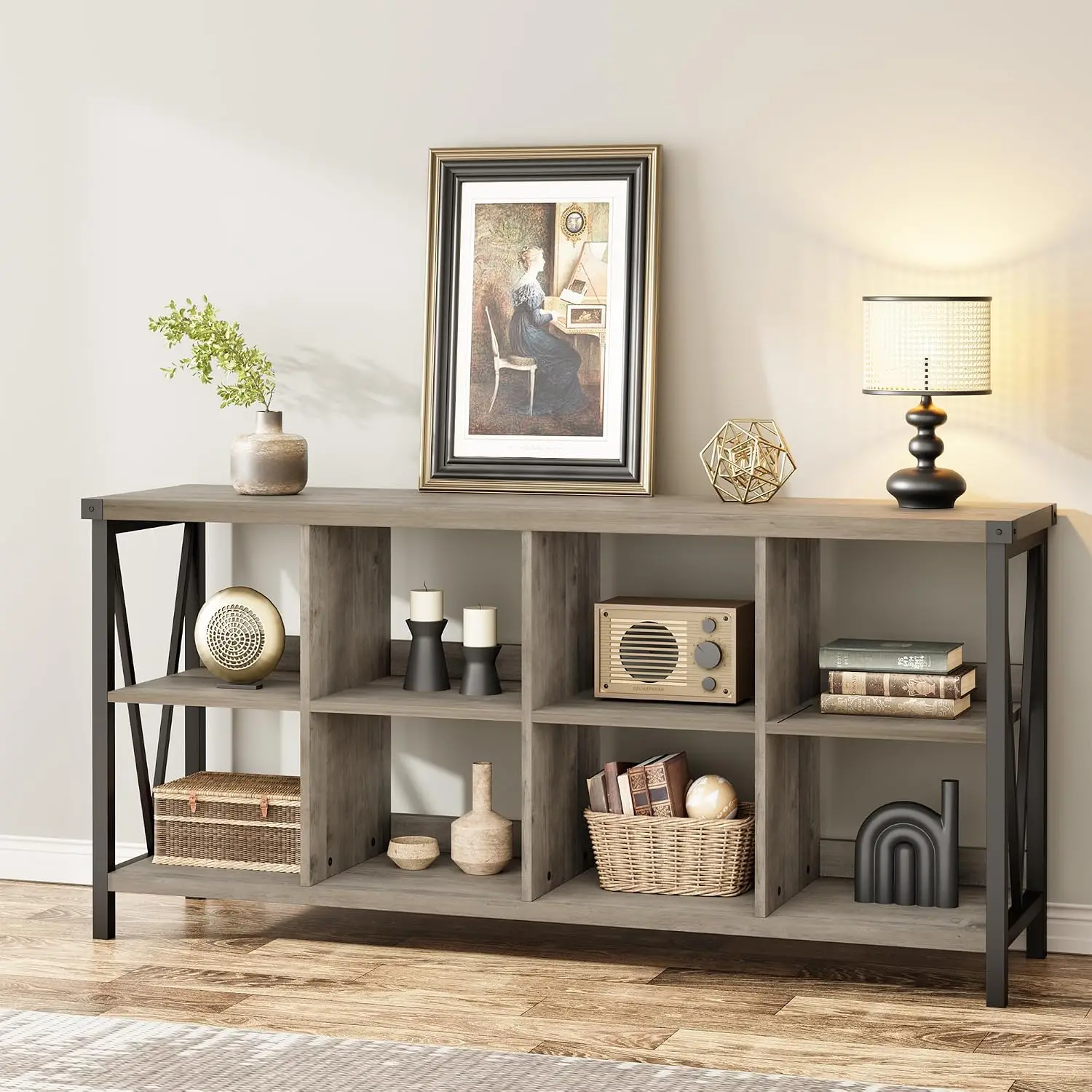 3 Tier 8 Cube Metal Horizontal Bookcase, 62 Inch Industrial Entryway Long Low Storage Shelf For Living Room, Customized