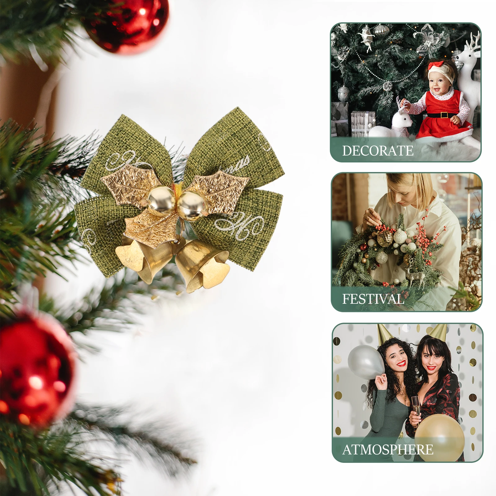 

8pcs Christmas Tree Decoration Mini Cloth Metal Bows Holiday Ornaments Small Bells DIY Gifts Xmas Present Wrapping Accessories