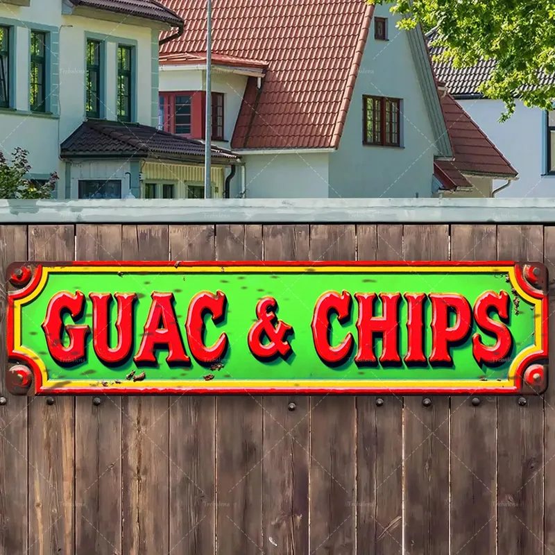 Letrero de metal de 1 pieza, letrero rústico 'GUAC & CHIPS' de 4x16 pulgadas para decoración al aire libre, arte metálico de estilo vintage"