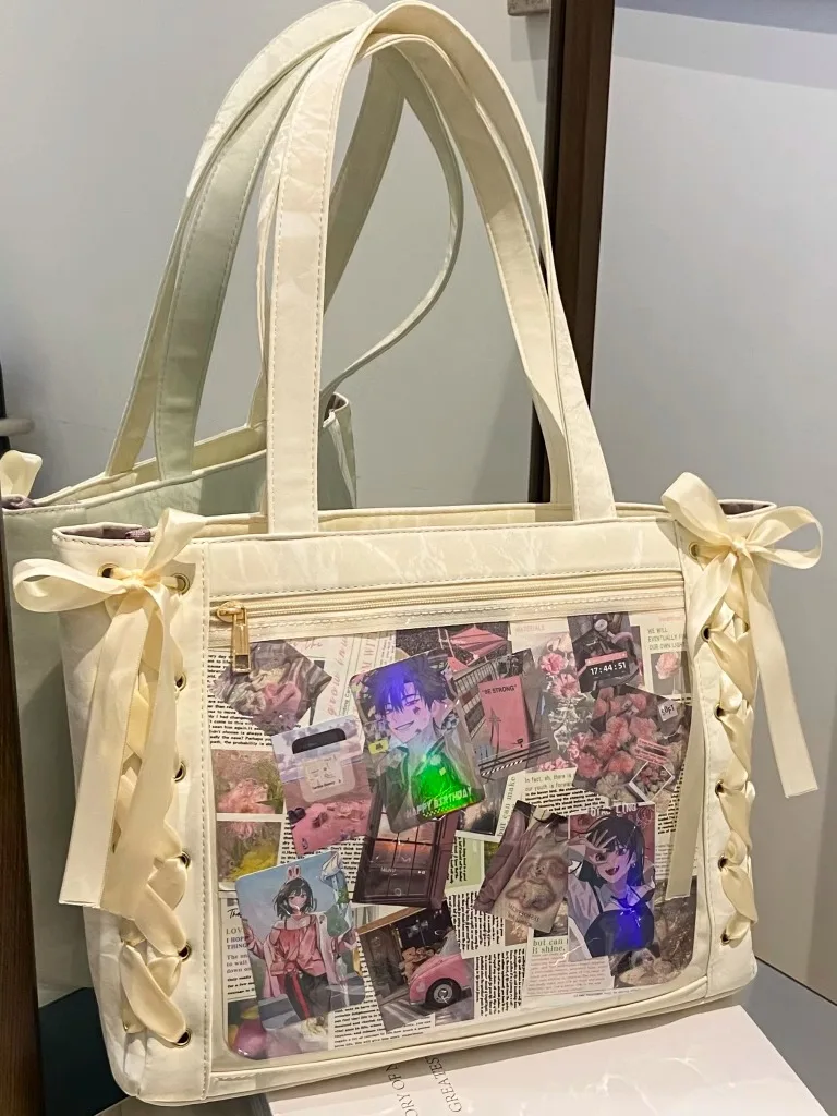

2025 Versatile Fashion Ribbon Itabag Large Capacity Green Large Food Anime Millet Bag Daily One Shoulder Tote Bag For Women