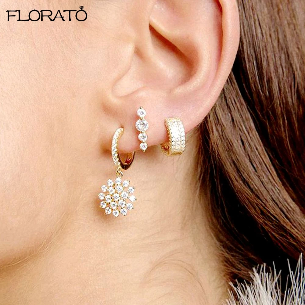 

925 Sterling Silver Needle Luxury Sunflower Pendant Hoop Earrings for Women Sparkling Zircons Earring Wedding Fine Jewelry Gifts