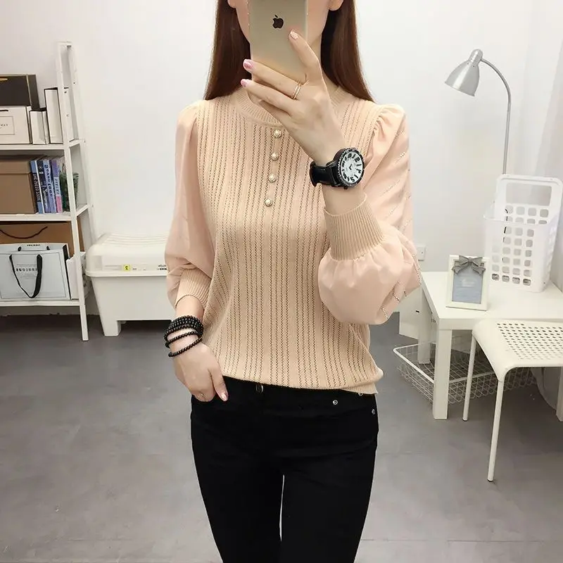 Fashion Chiffon Knitted Patchwork Pullovers Female Clothing Casual O-Neck Spring Autumn Long Sleeve Fashion Pearl Button T-shirt