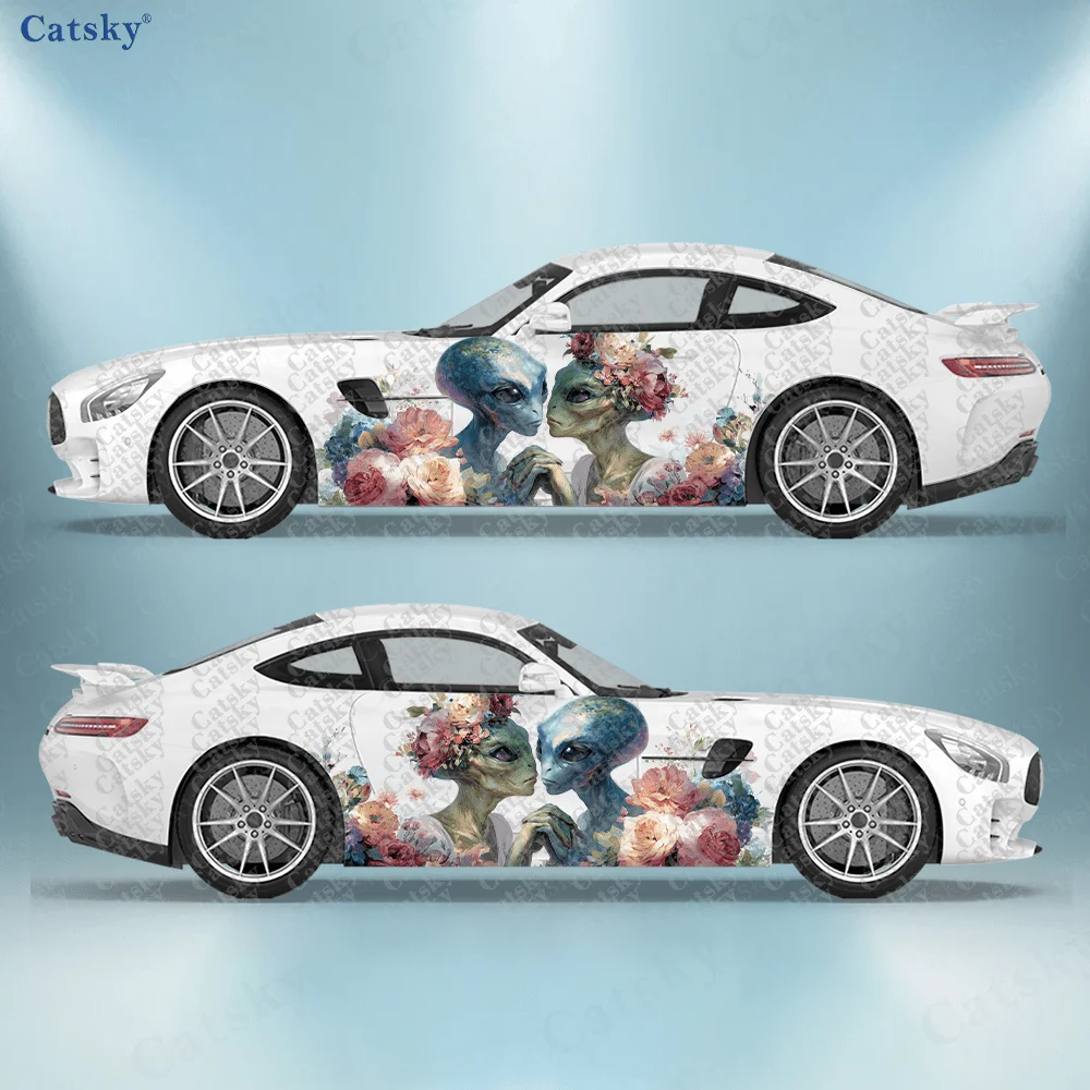 

2pcs Two Aliens in Flower Car Side Wraps, Self-Adhesive PVC Waterproof & Scratch-Resistant Stickers, Car Accessory Gift