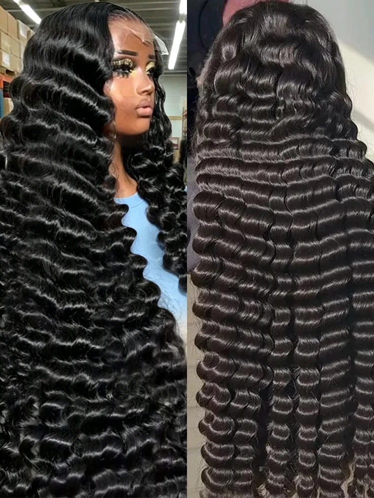 300% Dichte 13x4 13x6 HD Lace Frontal Perücke, lockere tiefe Wellen, brasilianisches Echthaar, lockig, natürliches Schwarz, für Damen, 30-44 Zoll