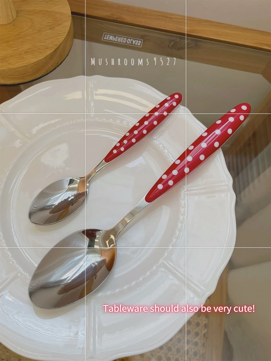 Mushrooms 9527  Korean Girl Red Polka Dot Spoon Stainless Steel French Retro Home Dessert Western Spoon Coffee Spoon