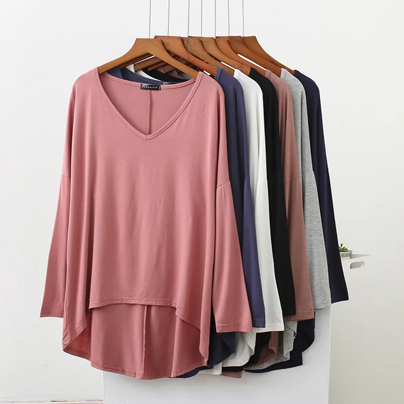 Batwing V-Neck Tshirts Modal Loose T-shirt Women Autumn bottoming Tee tops Plus size