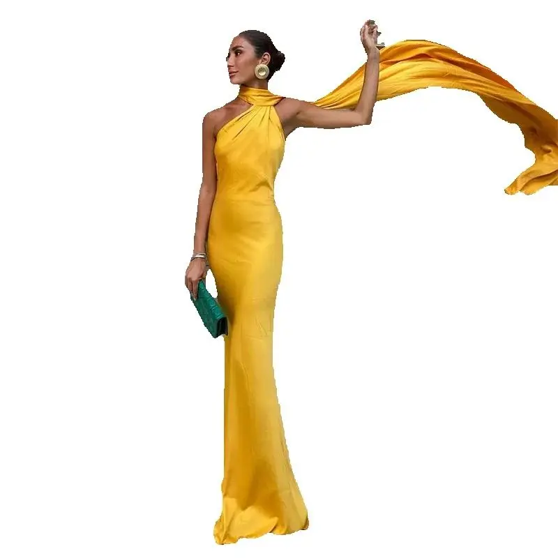 Elegant Ribbon Halter Maxi Dress for Women Off-Shoulder Sleeveless Backless Slim Fit Party Robe Solid Color 2025 New Style