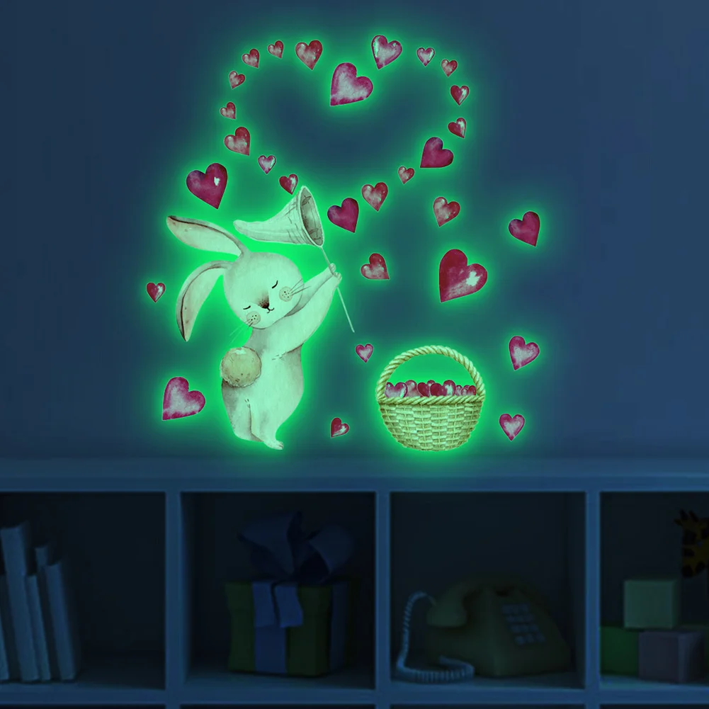 Cartoon Rabbit Heart Luminous Wall Sticker Kids Room Bedroom For Home Decoration Decals Glow In The Dark Self-adhesive Stickers