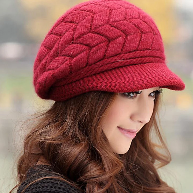 Women Peaked Cap Winter Warm Comfortable Windbreak Knitted Hats Female Soft High Elastic Solid Color Headgear Ladies Hat